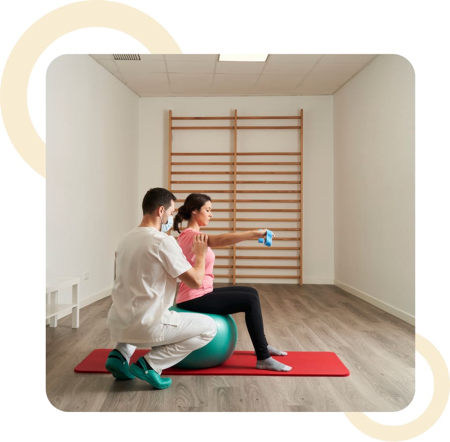 Physical therapy session with exercise ball.