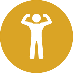 Person flexing muscles icon in yellow circle.